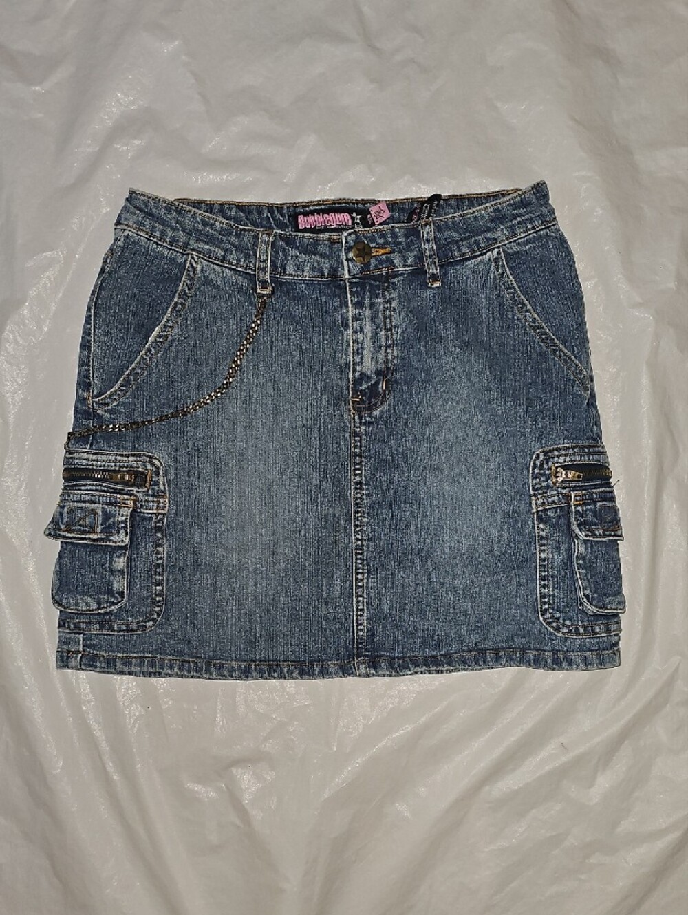 Bubblegum Ladies Size 5/6 Blue Denim Mini Skirt Pockets, Chain Used